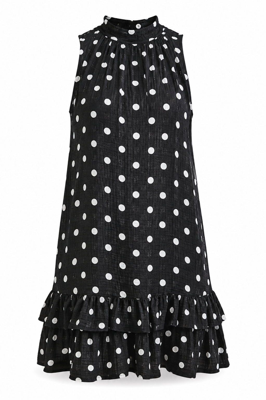 A sleeveless black dress with a white polka dot pattern, featuring a high gathered neckline and a tiered ruffle hem, shown against a plain white background.